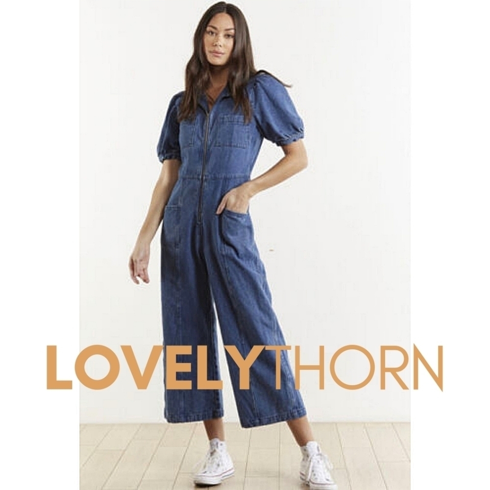 THE ODELLS // ltd ed puff sleeve full zip culotte crop wide leg denim jumpsuit